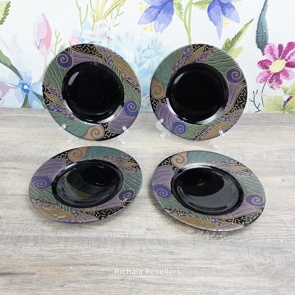 Arcoroc Tampico Salad Plates 7.75” set of 4 France Black Glass Geometric